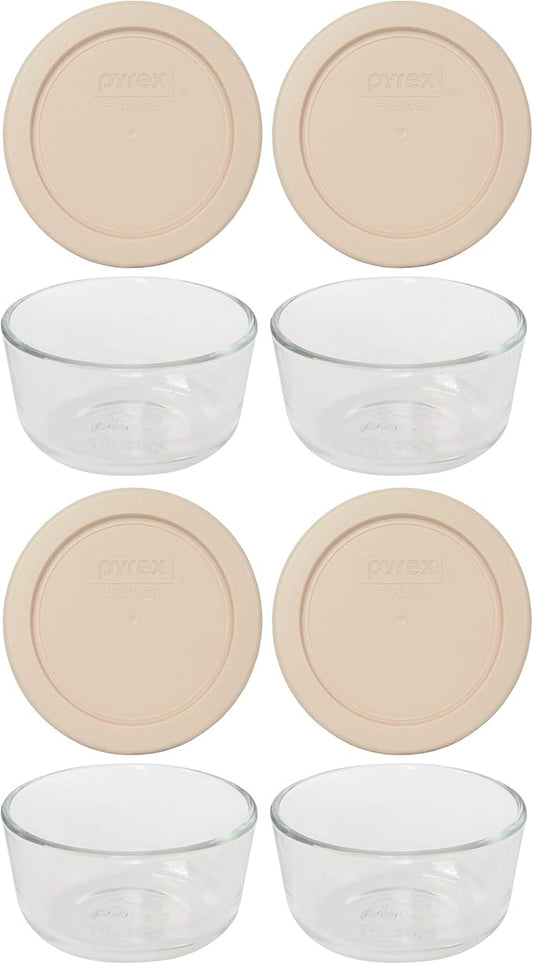 Pyrex (4 7202 Glass Bowls & (4) 7202-PC Blush Lids Made in the USA