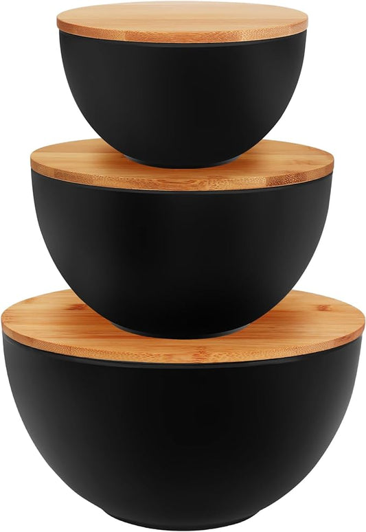 ShineMe Salad Bowl Set of 3, Natural Bamboo Fiber Salad Serving Bowls with Lids,Mixing Bowl for Preparing and Serving Salad, Cereal, Fruit, Veggies, Popcorn,Chips & Bread(10",8",6")