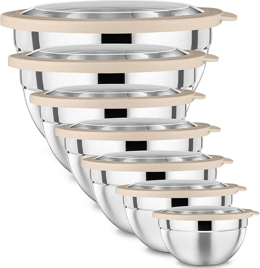 P&P CHEF Mixing Bowl with Lid Set, Stainless Steel Nesting Salad Bowls for Cooking Serving Prepping, Clear Lids & Stackable Design, Size 4.6, 3.5, 3, 2, 1.5, 1, 0.7 Qt - Khaki, Set of 7