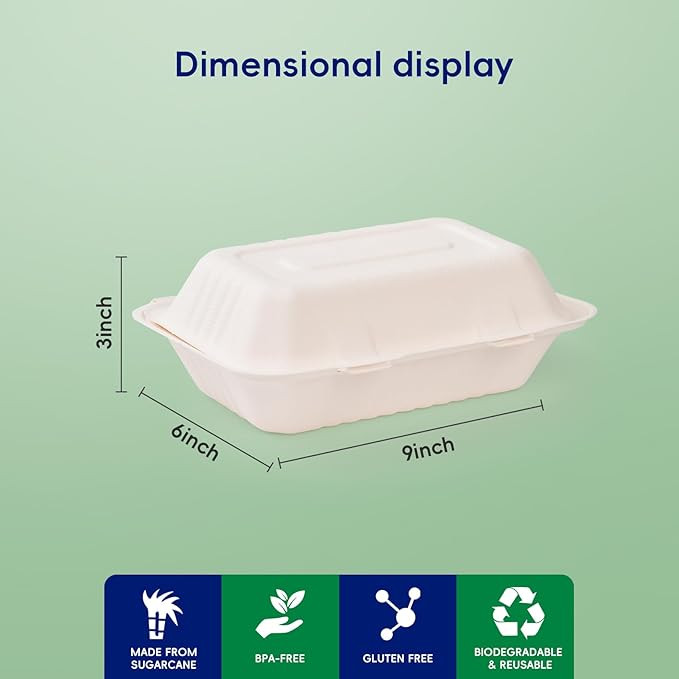 JOLLY CHEF Clamshell To Go Containers, [9 * 6" 75-Pack], Sugarcane To Go Boxes for Salad, Lunch