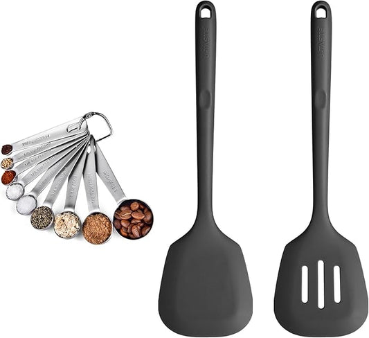 18/8 Stainless Steel Measuring Spoons Set for Dry and Liquid Ingredients (Set of 9), and 600℉ Heat Proof Long & Wide Silicone Solid & Slotted Turner Set of 2 for Egg, Pancake (Black)