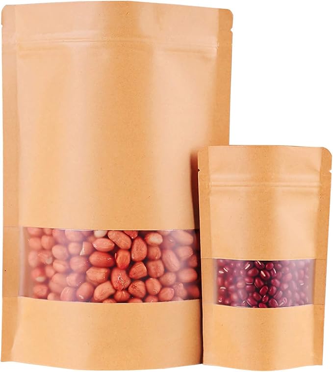 Kingrol 100 Count 7 x 10.25 Inch Kraft Paper Bags with Resealable Lock Seal Zipper &Transparent Window, Stand Up Food Bags