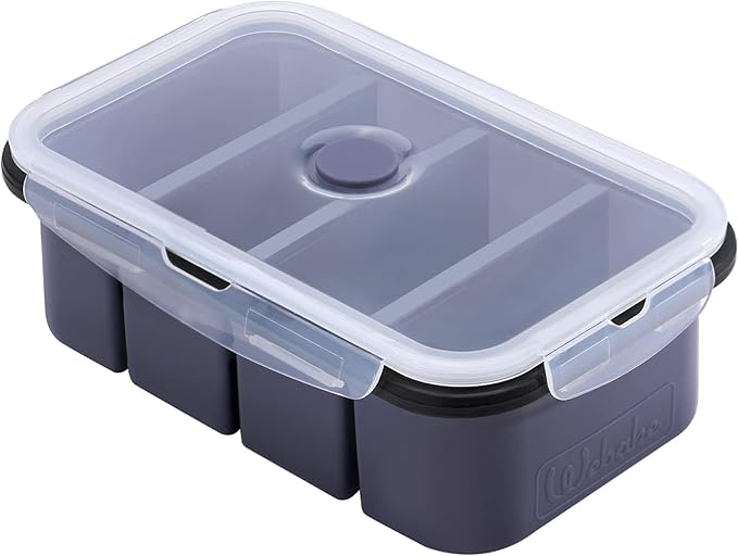 Webake Silicone Freezer Tray with Lid, Food Storage Container 1 Cup Portion, Ice Cube Tray for Soup Sauce Meal Prep, BPA Free - Grey