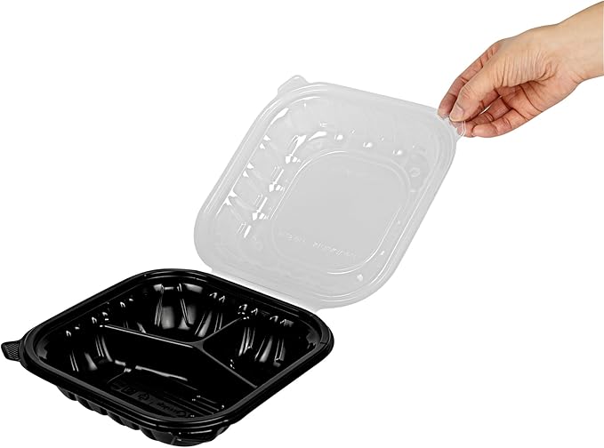 Restaurantware Thermo Tek 34 Ounce Clamshell Containers, 100 Disposable Take Out Boxes - 3 Compartments, Ventilated Lids, Black Plastic Meal Prep Containers, Microwavable, For Pasta Or Salads