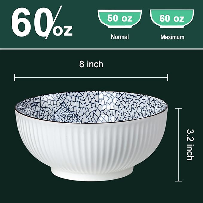 QINLANG Large Soup Bowls, Pho & Ramen Set of 3, 60 oz Blue & White Porcelain - Leaf Pattern