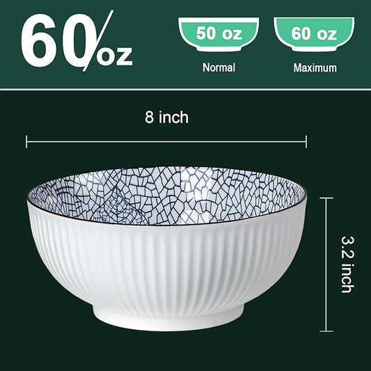 QINLANG Large Soup Bowls, Pho & Ramen Set of 3, 60 oz Blue & White Porcelain - Leaf Pattern
