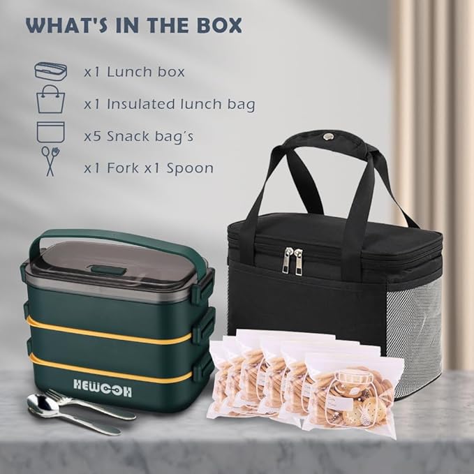 HEWOOH Large Bento Box Adult Lunch Box (74 Oz Large Capacity), Reusable, Including Lunch Bag, Fork And Spoon, 3 Dividers, Suitable For Work, Picnic, Dishwasher And Microwave Safe. （Green）