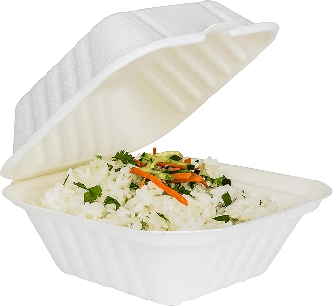 KARAT EARTH Clamshell Take Out Food Containers [6"x6", 500 ct ] Compostable To Go Containers, Natural Biodegradable Bagasse, Made of Sugarcane Fibers | White