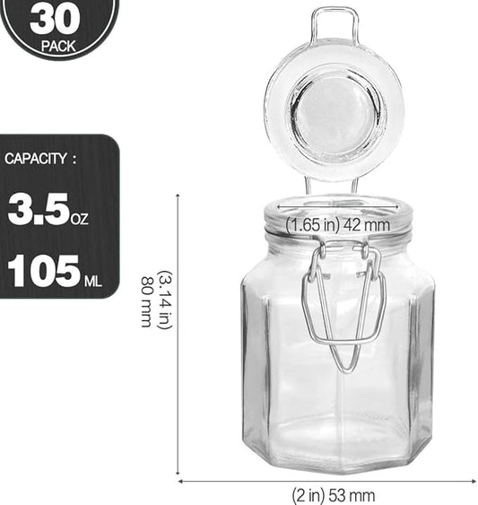 Spice Jars, KAMOTA 30 PACK 3.5oz Octagonal Diamond Small Glass Jars with Leak Proof Rubber Gasket and Airtight Hinged Lid, 280 Spice Labels & 2 Silicone Funnels, for Spice Herb,Art Craft Storage Empty