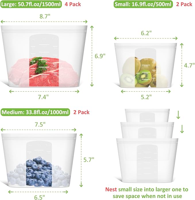 Reusable Storage Bag, 8 Pack 100% Silicone Food Storage Bags Stand Up Silicone Zip Lock Bags for Food Container, Freezer Microwave Oven Dishwasher Safe, 4 Large 2 Medium 2 Small, Translucent