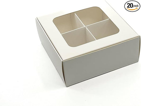 Treat boxes with window and dividers | 4 SMALL compartments | 4.5 x 4.5 x 1.9 in | Chocolate covered strawberries supplies, macaron boxes, baked goods packaging | 20-pack (White)