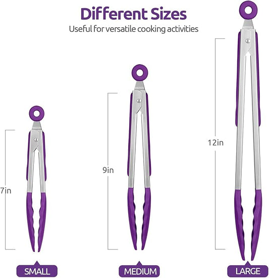 U-Taste 600°F Heat Resistant Silicone Kitchen Tongs, 18/8 Stainless Steel Measuring Cup and Spoon Set of 10, Stainless Steel Offset Icing Spatula Set (Purple)