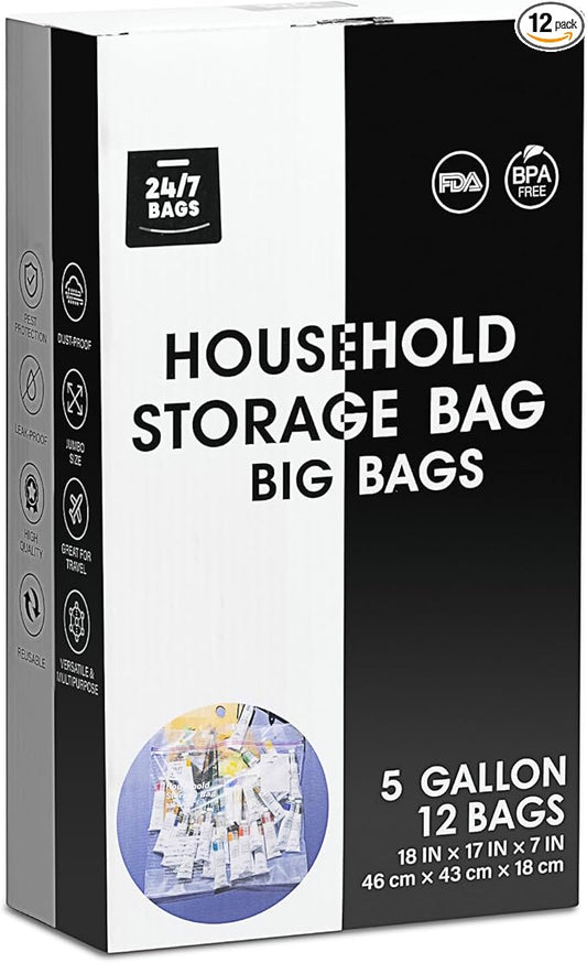 12 X-Large Plastic Storage Bags, 5 Gallons, Zero BPA, Double Zipper Seal, 3 Mils Thick, Double Layer Carry Handle, 18"x17"x7", Moving, Seasonal, Travel