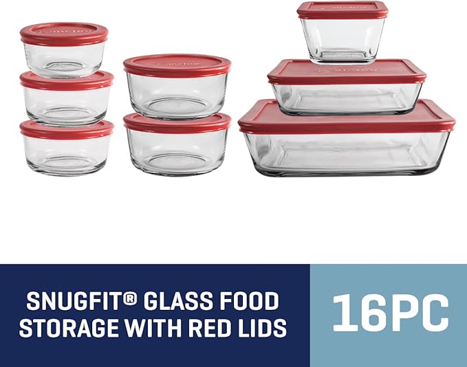 Anchor Hocking 16 Piece Glass Storage Containers with Lids (8 Glass Food Storage Containers & 8 Red SnugFit Lids)
