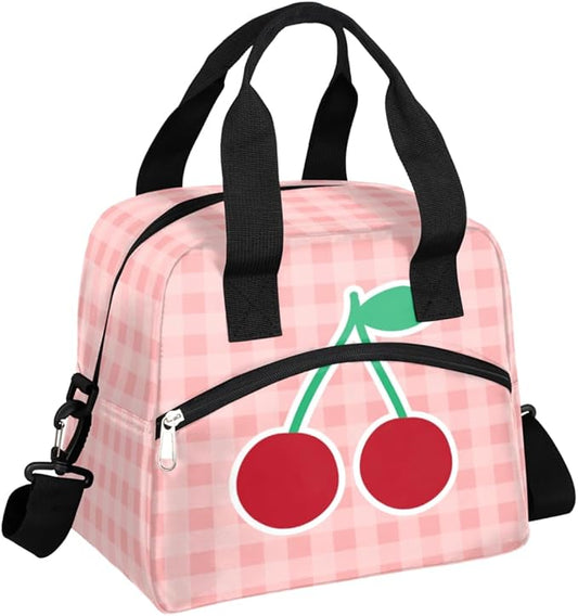 Pink Check Cherry Print Insulated Lunch Bag with Detachable Shoulder Strap & Carry Handle Reusable Eco-friendly Cooler Bag Tote Bag Picnic Box for Kids Men Women