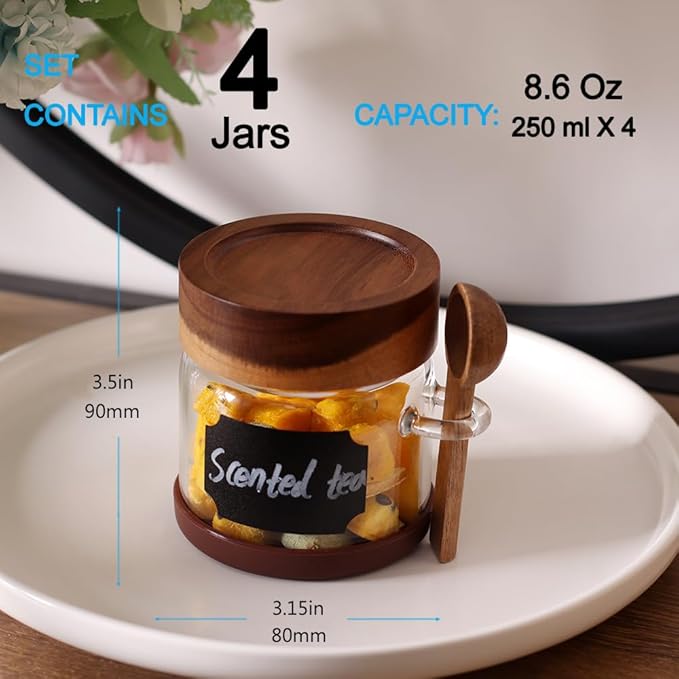 SAIOOL High Bprosilicate Glass 4 Pack Spice Jars with Label and Spoons,Overnight Oats Containers with Acacia Airtight Lids,Glass Food Storage Jars, Coffee Bar (Acacia 8.6 OZ*4)