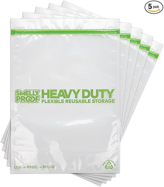 Smelly Proof HEAVY DUTY Reusable STAND-UP Ziplock Bags for Food Storage, USA Made, NO PEVA & BPA FREE, Reusable Freezer Bags, Dishwasher-Safe, Triple Zip, CLEAR 5-mils XXL 2-Gallon 12" x 16" - 5pk