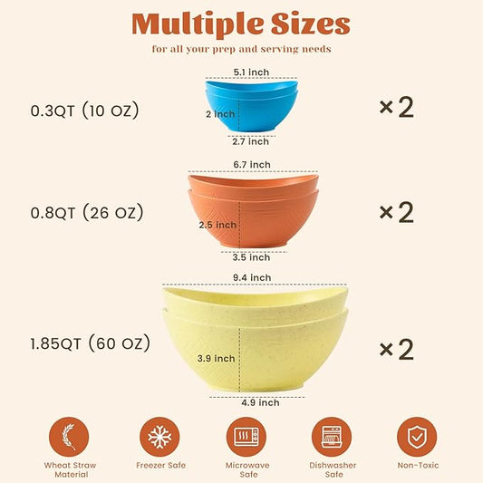 Homienly Wheat Straw Mixing Bowls Set of 6 with 3 Size, Stackable Nesting Bowls Set,Unbreakable Bowls for Kitchen, Picnic, Microwave and Dishwasher Safe Bowls for Salad,Cereal,Snack(Shoreline Color)