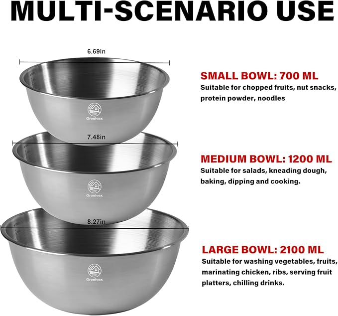 Stainless Steel Mixing Bowls, Three nested Large Mixing Bowls Stainless Steel with scale Perfect for Your Kitchen Needs Like Cooking,Baking, and Making Salads