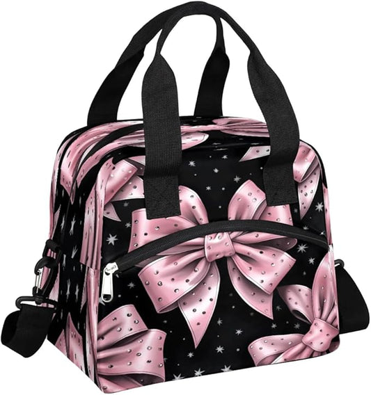 Pink Bow Insulated Lunch Bag for Women Men Reusable Waterproof Lunch Box Cooler Tote Bag One shoulder portable meal bag Portable Adult Lunchbox for Work Picnic Hiking Beach