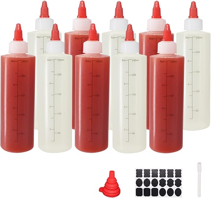10 Pack 8 oz Graduated Plastic Squeeze Squirt Condiment Bottles with Red Twist On Cap Lids - for Condiments, Oil, Icing, Liquids–with Extra 1 Silicone Funnel, 18 Chalk Labels and 1 Pen