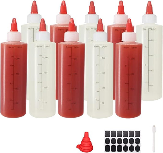 10 Pack 8 oz Graduated Plastic Squeeze Squirt Condiment Bottles with Red Twist On Cap Lids - for Condiments, Oil, Icing, Liquids–with Extra 1 Silicone Funnel, 18 Chalk Labels and 1 Pen