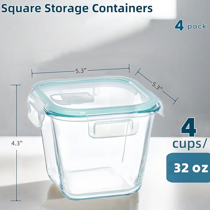 Qxbekmor Glass Soup Container with Airtight Lids, 4 Cup Square Glass Storage Containers, Meal Prep Container for Soup, Leftover, Overnight Oats, Oven, Microwave & Dishwasher Safe (4 Pack)