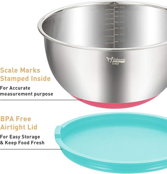 Wildone Mixing Bowls with Lids Set, 5PCS Stainless Steel Colorful Nesting Bowls with 3 Grater Attachments, Measurement Marks & Non-Slip Bottoms, Size 5, 3, 2, 1.5, 0.63 QT, Great for Mixing & Serving