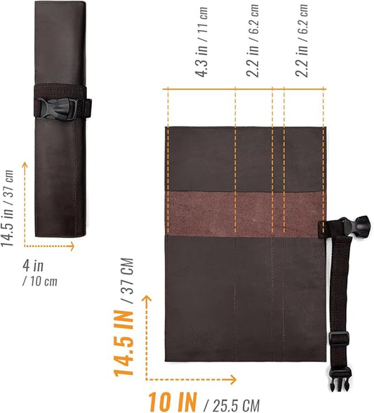 Under NY Sky Genuine Leather Knife Roll Case - 3 Slots - Real Leather Pouch - Portable Bag for Cooking Tools, Utensils, Cutlery Knives, Brushes - Chefs, Kitchen, Travel, Gift - Brown L