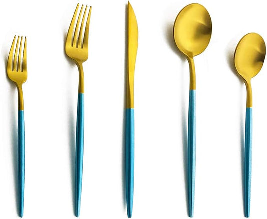 Silverware Set, Hand polished Matte Gold Blue Flatware Cutlery Set Service for 2, Satin Finish 10 Pieces 18/10 Stainless Steel Utensils Set for Home and Restaurant, Dishwasher Safe