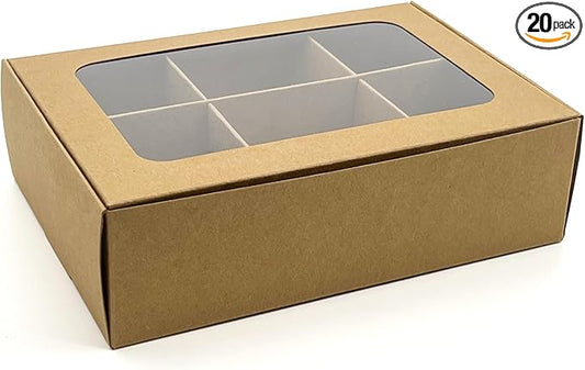 Treat boxes with window and dividers | 6 SMALL compartments | 6.5 x 4.5 x 1.9 in | Chocolate covered strawberries supplies, macaron boxes, baked goods packaging | 20-pack (Kraft)