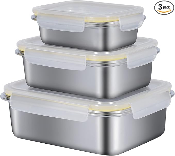 18/8 Stainless Steel Food Containers | Food Preservation Lunch Box | Leak Proof Stackable Light and Easy Storage | Set of 3 (21oz/43oz/76oz) | BPA FREE, B4200
