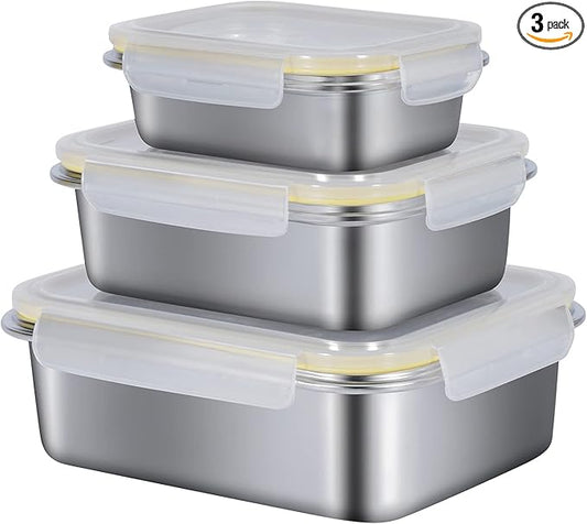 18/8 Stainless Steel Food Containers | Food Preservation Lunch Box | Leak Proof Stackable Light and Easy Storage | Set of 3 (21oz/43oz/76oz) | BPA FREE, B4200