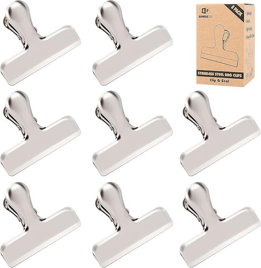 Pack of 8 Heavy Duty Metal Bag Clips, Stainless Steel - Tightly Seals Chip, Coffee, Bread or Cereal Bags to Keep Food Fresh, for Home, Kitchen, Office, Pantry, Camping (Matte Silver)