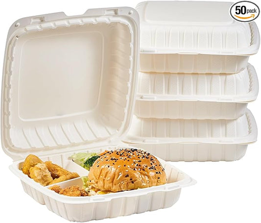 9X9 3 Compartment 50-Pack Plastic Clamshell Take Out Food Containers, Heavy Duty Disposable To-go Box For Cake, Sandwich, Salad, Dessert (Formerly FULING)