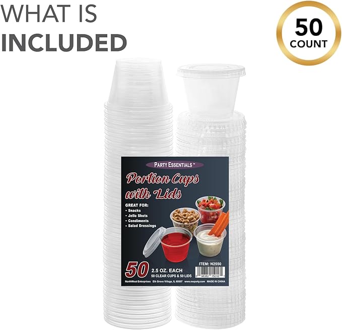 Party Essentials 2.5 oz. Squeezable Plastic Portion Cups with Lids, for Soufflé, Condiments, Sauces, Gelatin, Jello, 50 Sets, Clear