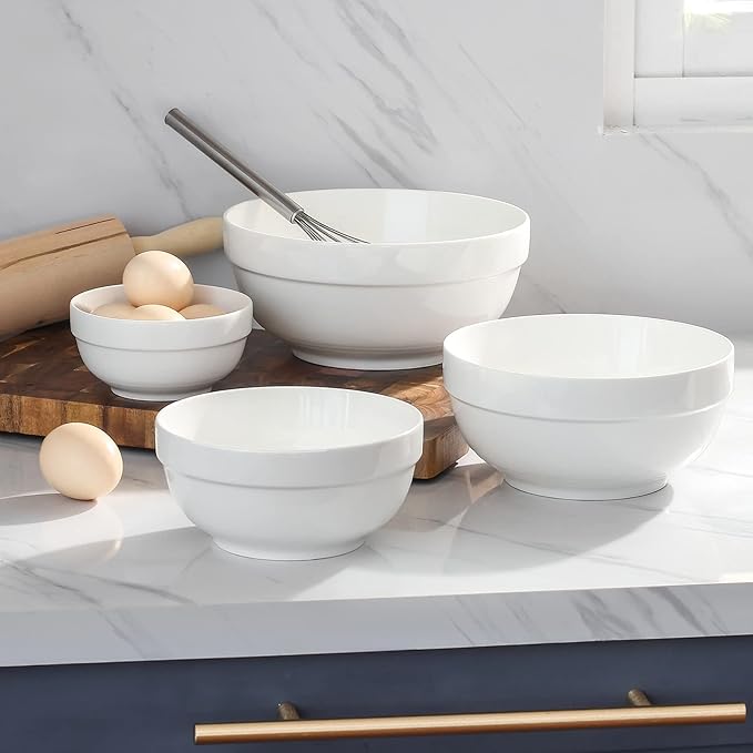 DOWAN Serving Bowls, 64/42/22/12 Oz Serving Dishes for Entertaining, White Porcelain Nesting Bowls Set, Microwave & Dishwasher Safe, Versatile Prep Bowls for Fruit Salad Pasta Ice Cream Dessert Cereal