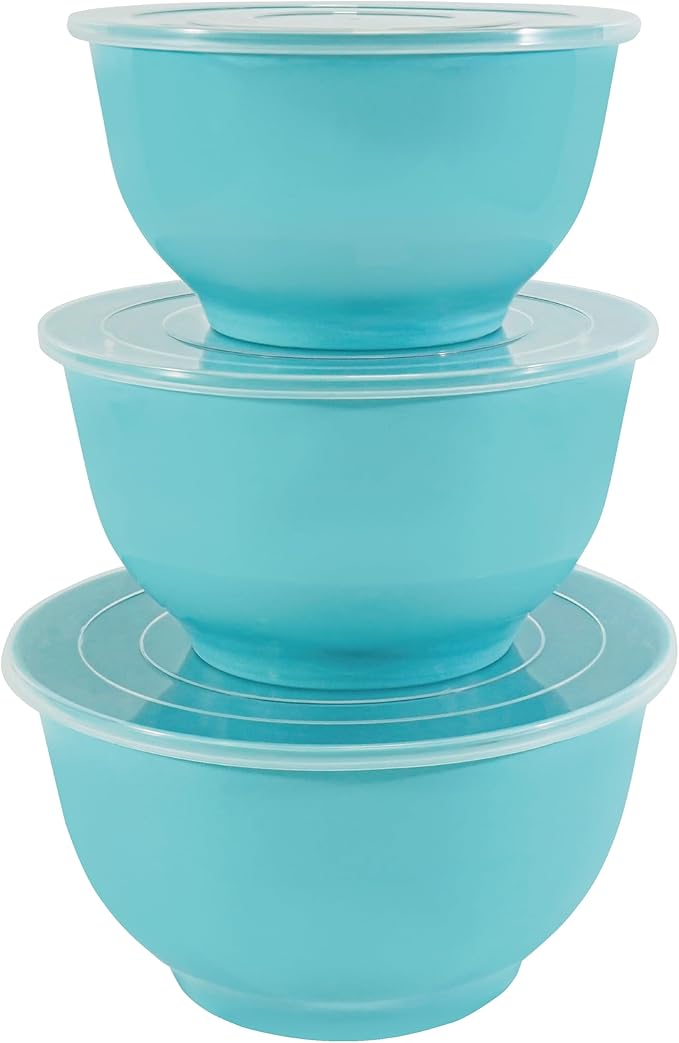 TP Mixing Bowls with Lids, 6-Piece Nesting Melamine Bowls Set for Prepping Serving Baking Cooking, Non Slip Bottom, Set of 3, Glossy Turquoise