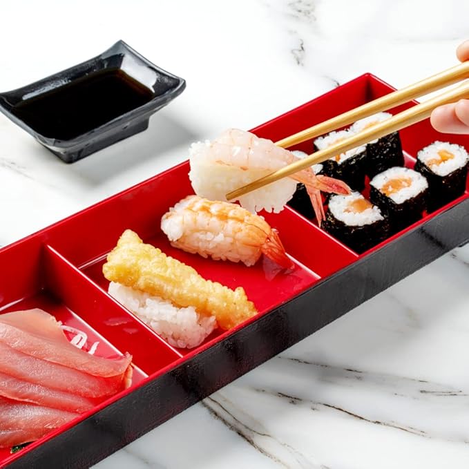 Restaurantware-14 x 4.6 x 2.4 Inch Compartment Lunch Container, 1 Japanese Style Adult Lunch Container - With 3 Compartments, Greaseproof, Black & Red Plastic Divided Lunch Box, For Hot & Cold Food