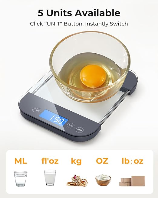 AZC Rechargeable Food Scale Digital Weight Grams and Oz, [Max 33lb Min 1g], Military Grade Anti-Drop Temepered Glass Panel, Crystal Clear Design for Kitchen Scale,Clear Grey