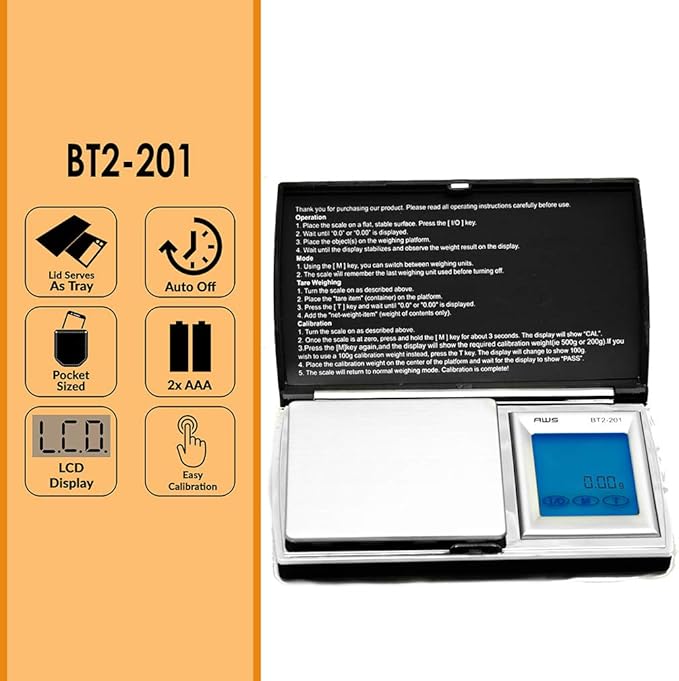 American Weigh Scales BT2 Series Digital Gram Pocket Weight Scale, Stainless-Steel Surface, Backlit LCDBlack, 200 X 0.01G