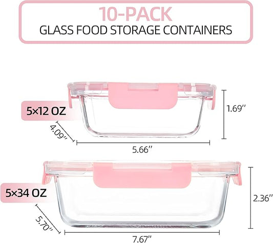 10 Pack Glass Food Storage Containers with Airtight Lids, Ideal for Meal Prep, Lunches - Microwave and Dishwasher Safe, Pink