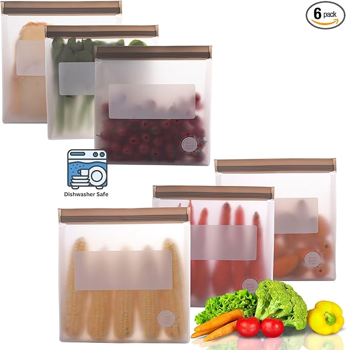 Reusable Silicone Food Storage Bags – 6-Pack Stand-Up, BPA-Free, Freezer, Dishwasher Safe & Eco-Friendly – 6 Gallon Bags – Airtight Leakproof, Organization and Storage Baggies (Grey)