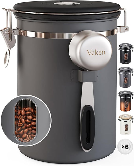 Veken Coffee Canister with Window,Gifts for Dad,Airtight Stainless Steel Kitchen Food Storage Container, Date Tracker & Scoop for Grounds Coffee, Beans, Tea, Flour, Cereal,Sugar,22OZ,Grey