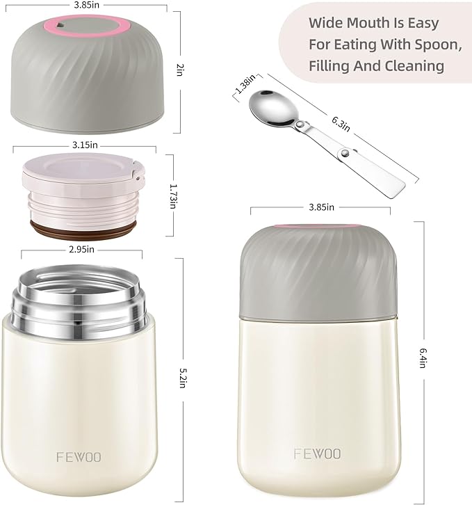 FEWOO Food Jar - 20oz Vacuum Insulated Soup Container, Stainless Steel Lunch Box for Kids Adult, with Folding Spoon for Hot or Cold Food (White)