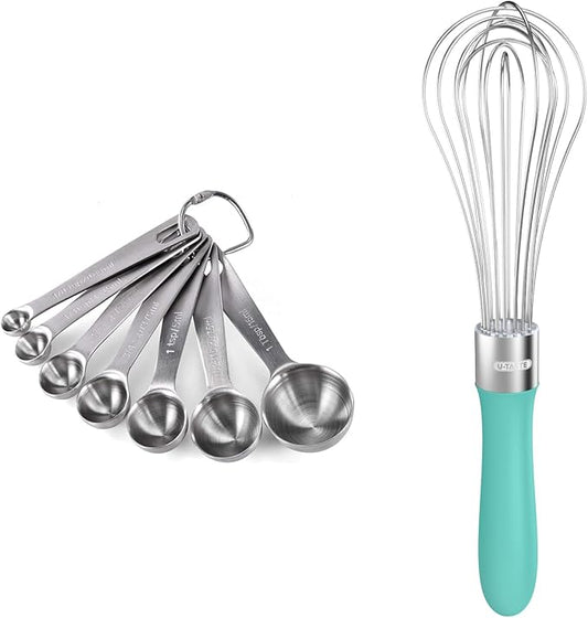 18/8 Stainless Steel Measuring Spoons Set for Dry and Liquid Ingredients (Set of 7), and 18/10 Stainless Steel Balloon Whisk for Kitchen Cooking with 8 Flex Wires (Aqua Sky)