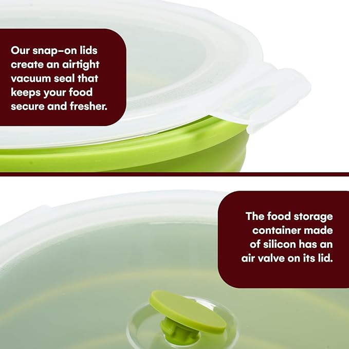 Vdomus Collapsible Food Storage Containers - Leak Proof, Microwave Safe - 40.5oz/1.2L Airtight Silicone Food Containers - Meal Prep Collapsible Bowls with Lids - Set of 3 - Green
