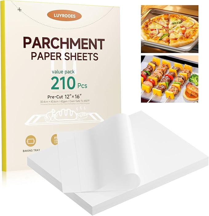 210PCS Value Pack Pre-cut 12x16 Inch Parchment Paper Sheets, Pro-Grade Baking Paper with Double-Sided Natural Silicone Coating, Perfect for Baking, Air Fryer, BBQ, Food Wrapping & Food Service