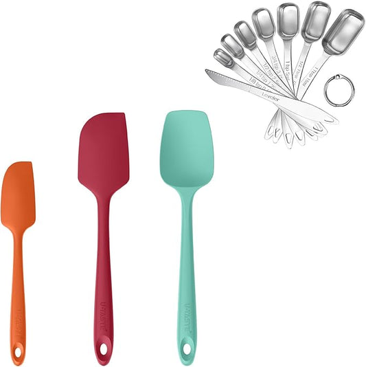 U-Taste 600ºF Heat Resistant Food Grade Silicone Spatula Set of 3, and 18/8 Stainless Steel Square Measuring Spoons Set of 8 (Multicolors+Silver)