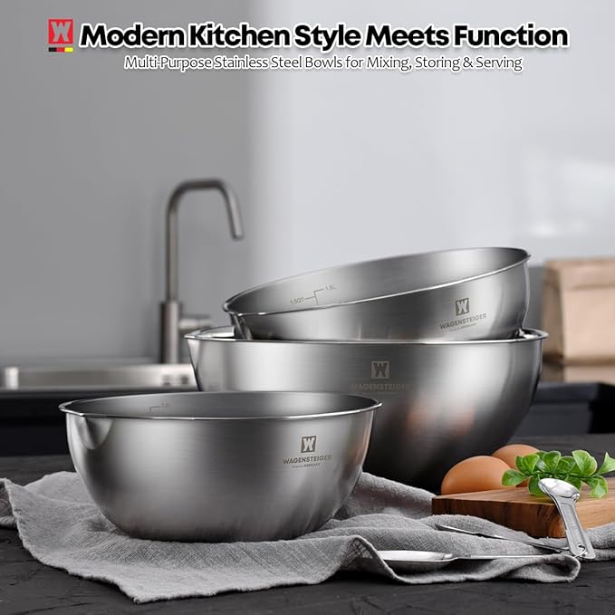 3-Piece Stainless Steel Mixing Bowl Set, Silver Color, Nesting Bowls with Pure Spout, Multipurpose Kitchen Basket, 1.56Quarts/3.17Quarts/4.23Quarts (No Color Added)